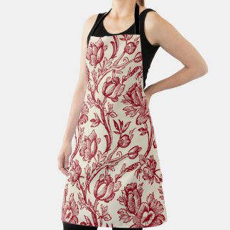 Red and Cream Tulips Toile - French Country Decor Apron