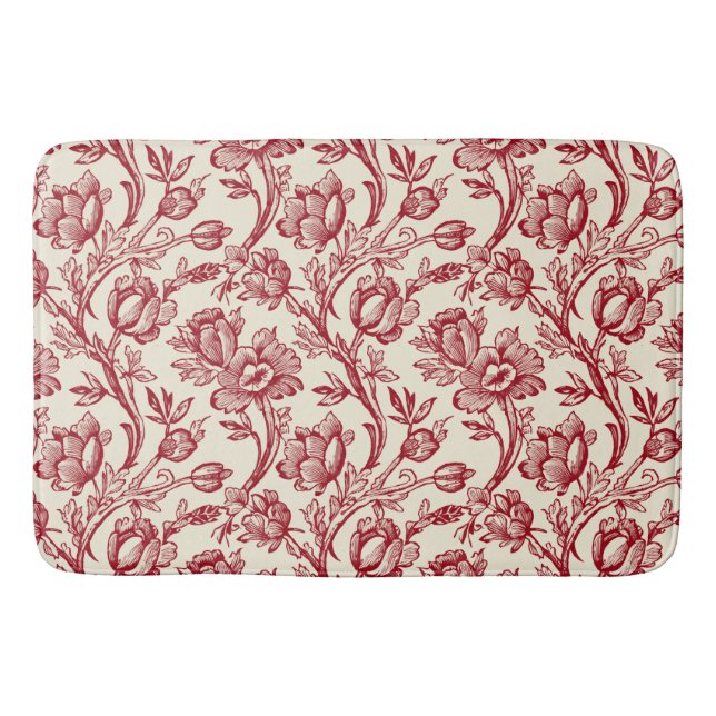 Red and Cream Tulips Toile - French Country Decor Bath Mat (Front)