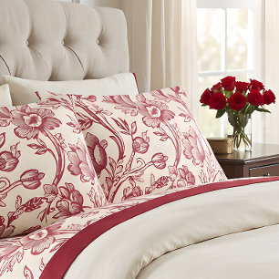 Red and Cream Tulips Toile - French Country Decor Pillowcase