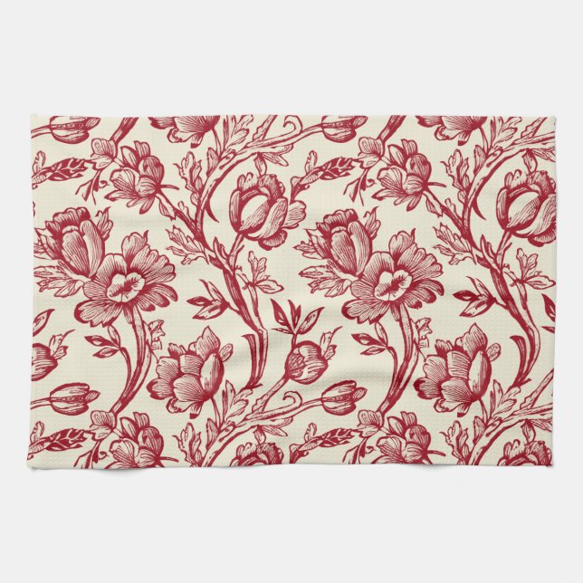 Red and Cream Tulips Toile - French Country Decor Tea Towel (Horizontal)