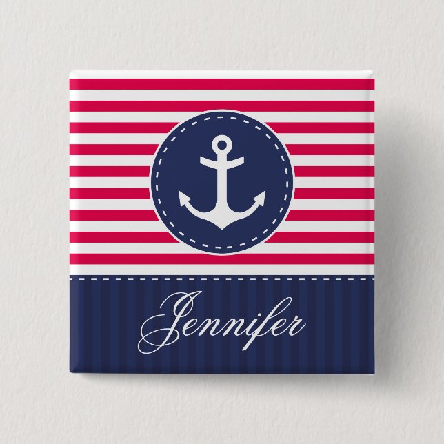 Red and Dark Blue Stripes Anchor With Name 15 Cm Square Badge (Front)