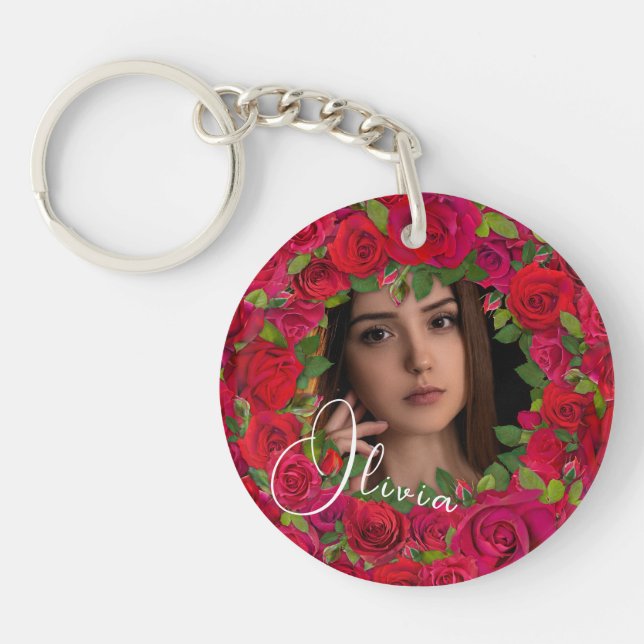 Red And Dark Pink Rose Photo Frame Key Ring (Front)