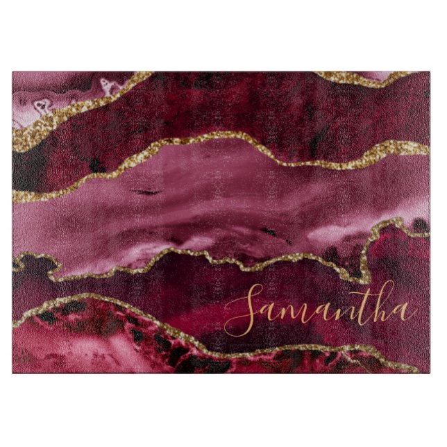Red and Faux Gold Glitter Marble Agate Cutting Board (Front)
