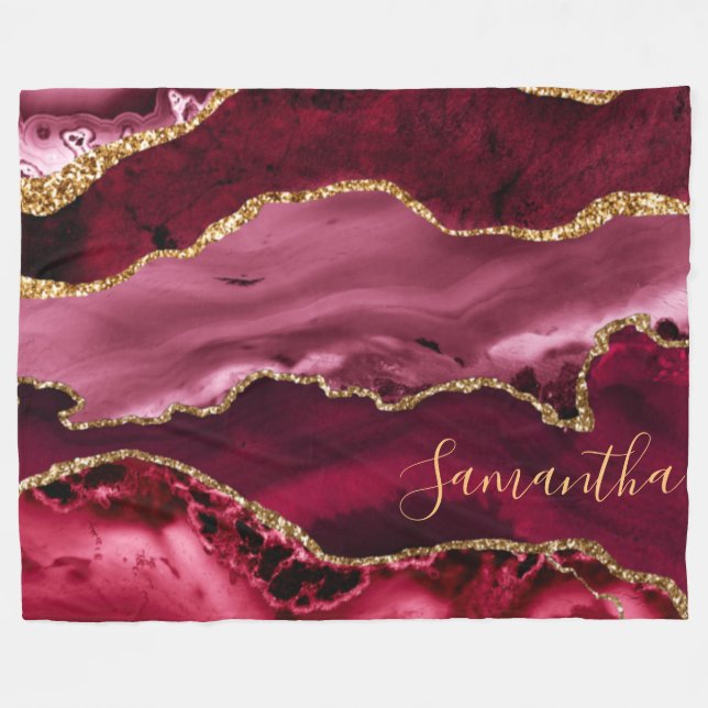 Red and Faux Gold Glitter Marble Agate Fleece Blanket (Front (Horizontal))