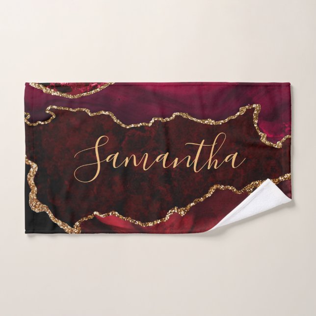 Red and Faux Gold Glitter Marble Agate Hand Towel (Hand Towel)