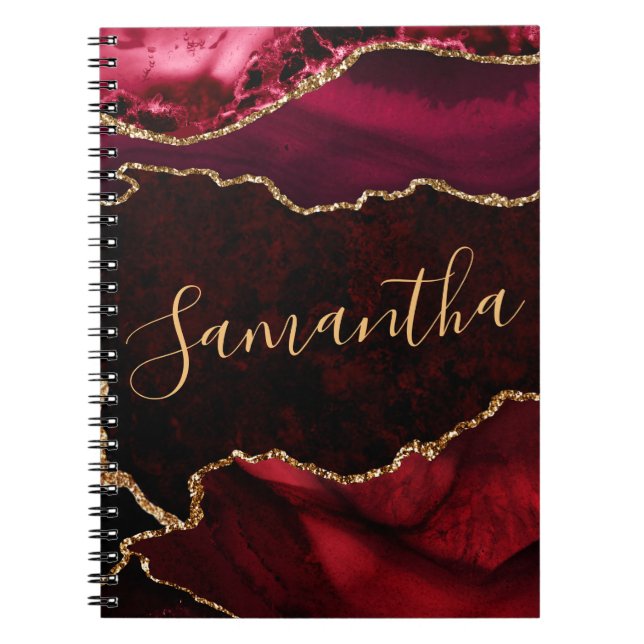 Red and Faux Gold Glitter Marble Agate Notebook (Front)