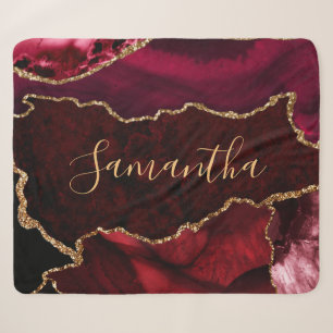 Red and Faux Gold Glitter Marble Agate Sherpa Blanket