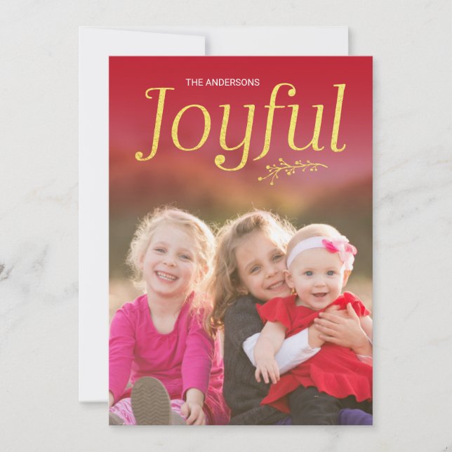 Red and Faux Gold Joyful Holiday Photo Card (Front)
