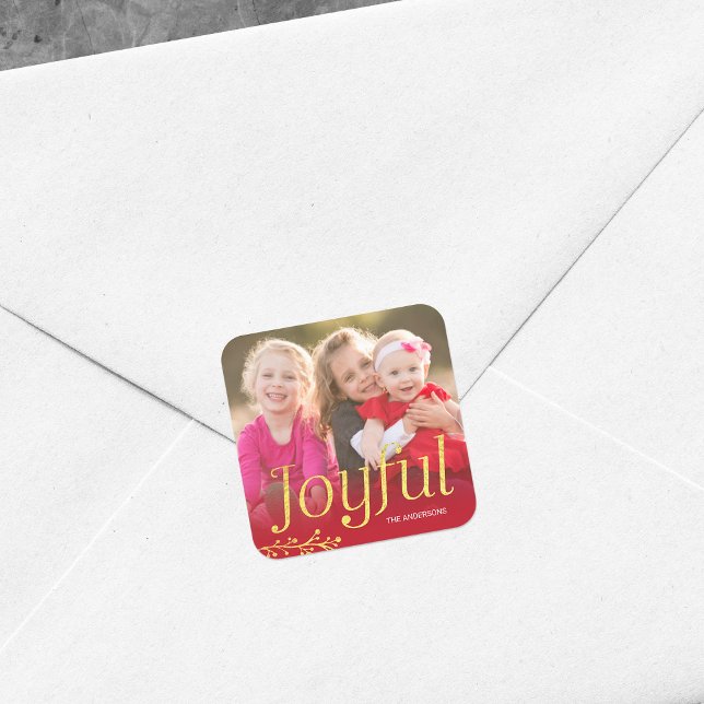 Red and Faux Gold Joyful Holiday Photo Square Sticker (Creator Uploaded)