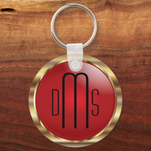 Red and Faux Metallic Gold with Monogram  Key Ring