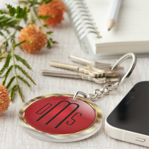 Red and Faux Metallic Gold with Monogram  Key Ring