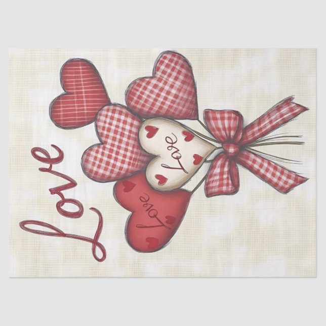 Red and Gingham Love Heart Bouquet Decoupage Tissue Paper (Front)