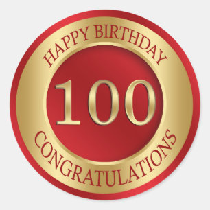 Red and gold 100th Birthday Classic Round Sticker