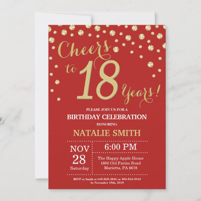 Red and Gold 18th Birthday Diamond Invitation (Front)
