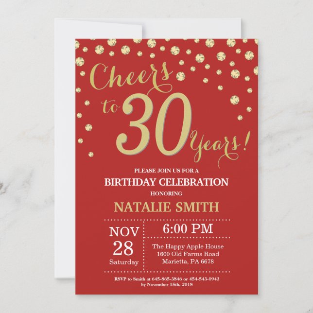 Red and Gold 30th Birthday Diamond Invitation (Front)