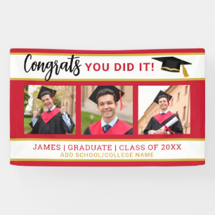 Red And Gold 3 Photo Collage Congrats Grad 2025 Banner
