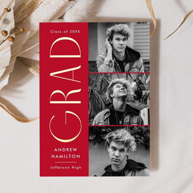 Red and Gold 3 Photo Graduation Announcement (Creator Uploaded)