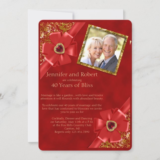 Red and Gold 40th Wedding Anniversary Invitation (Front)