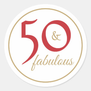 Red and Gold 50 and Fabulous Typography Classic Round Sticker