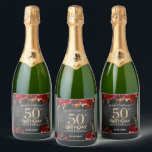 Red and Gold 50th Birthday  Sparkling Wine Label<br><div class="desc">Red roses and gold accents. 50th birthday celebration. Envelope seals or party favour gift tags. Easy to personalise with template. Elegant design.</div>