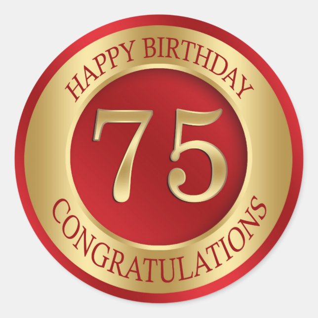 Red and gold 75th Birthday Classic Round Sticker (Front)