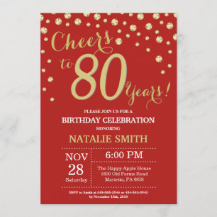 Red and Gold 80th Birthday Diamond Invitation