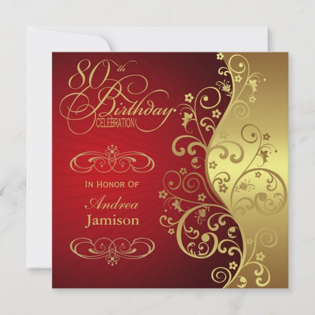 Red and Gold 80th Birthday Party Invitation (Front)