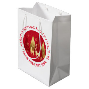 Red and Gold Abstract Christmas trees and Deer  Medium Gift Bag
