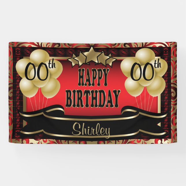 Red and Gold Abstract Happy 00th Birthday Banner (Horizontal)