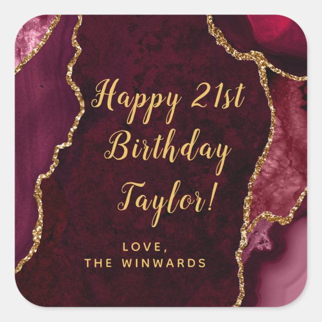 Red and Gold Agate Happy Birthday Square Sticker (Front)