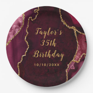 Red and Gold Agate Marble Birthday Paper Plate
