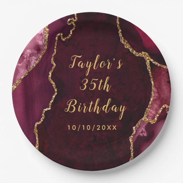 Red and Gold Agate Marble Birthday Paper Plate (Front)
