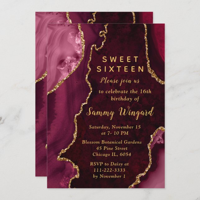 Red and Gold Agate Marble Sweet Sixteen Invitation (Front/Back)