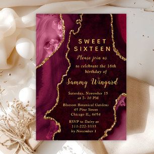 Red and Gold Agate Marble Sweet Sixteen Invitation