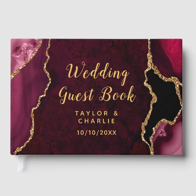 Red and Gold Agate Marble Wedding Guest Book (Front)