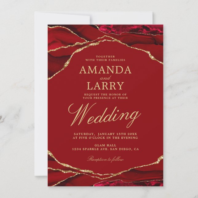 Red and Gold Agate Marble Wedding Invitation (Front)