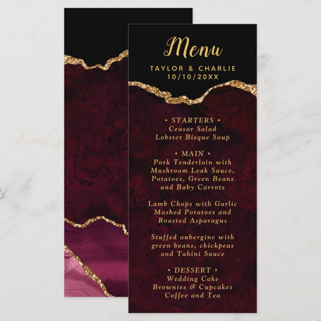 Red and Gold Agate Marble Wedding Menu (Front/Back)