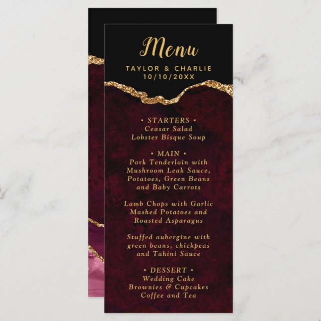 Red and Gold Agate Marble Wedding Menu (Front/Back)