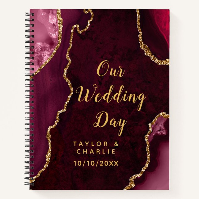 Red and Gold Agate Marble Wedding Notebook (Front)