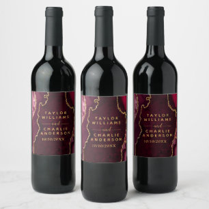 Red and Gold Agate Marble Wedding Wine Label