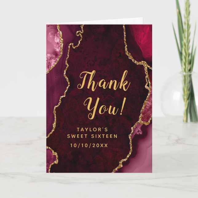 Red and Gold Agate Sweet Sixteen Thank You Card (Front)