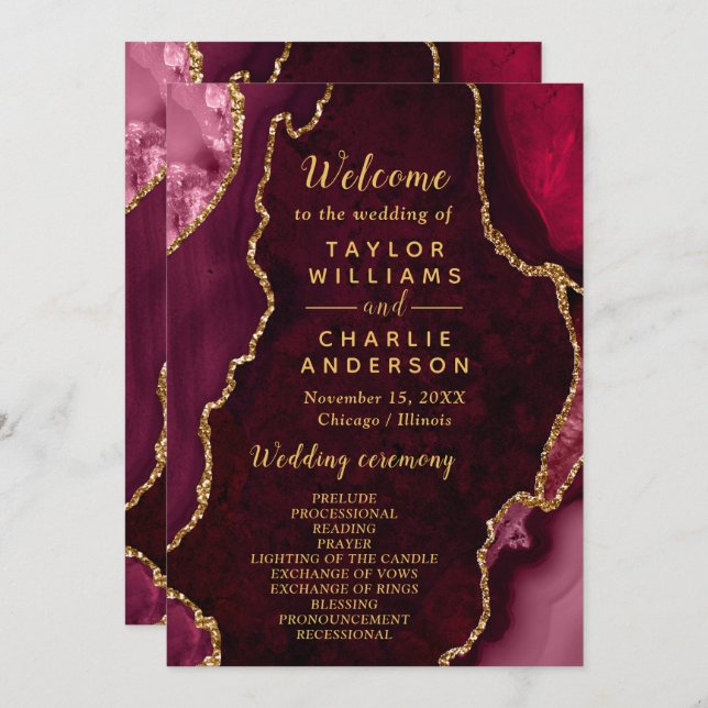 Red and Gold Agate Wedding Program Programme (Front/Back)