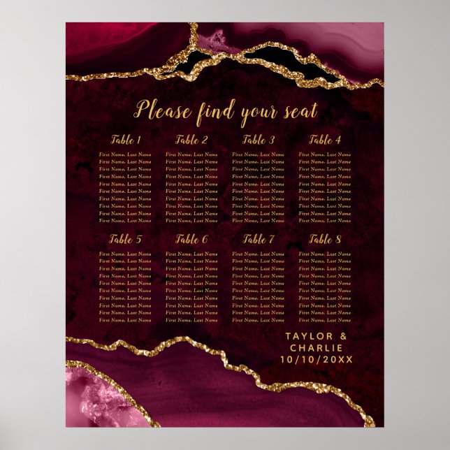 Red and Gold Agate Wedding Seating Chart (Front)