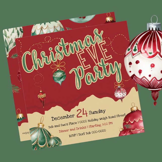 Red and Gold and Green Christmas Eve Ornaments Holiday Card (Rustic and fun Christmas Eve Party invite you customize.  Featuring red, green and gold ornaments. )