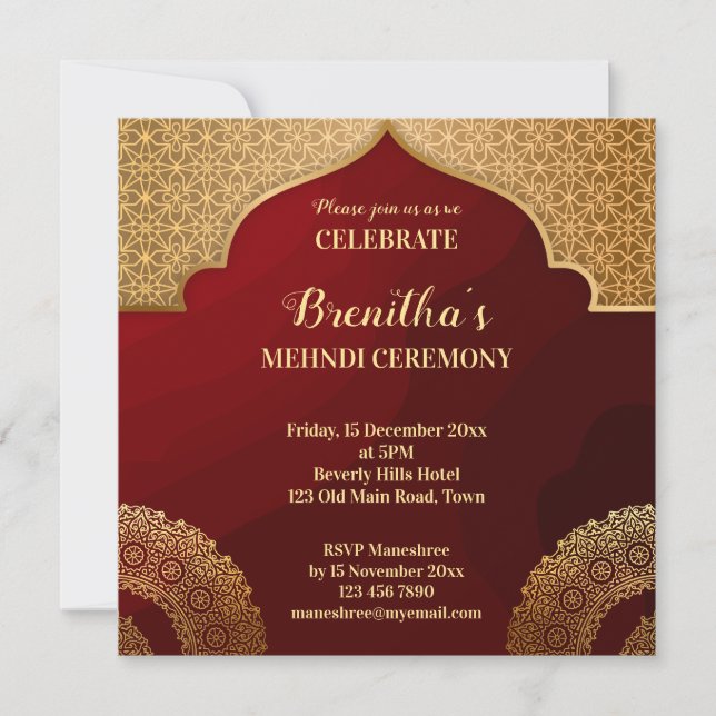 Red and gold Arabian pattern mandala Indian mehndi Invitation (Front)