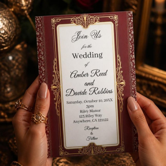 Red and Gold Art deco wedding invitation (AI Generated Hands Holding Card)