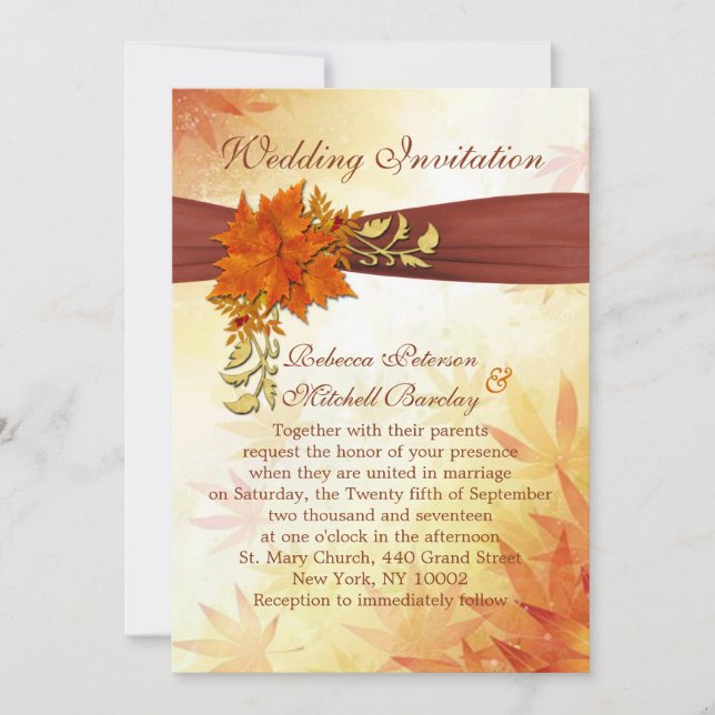 Red and gold autumnal leaves Wedding Invitation (Front)