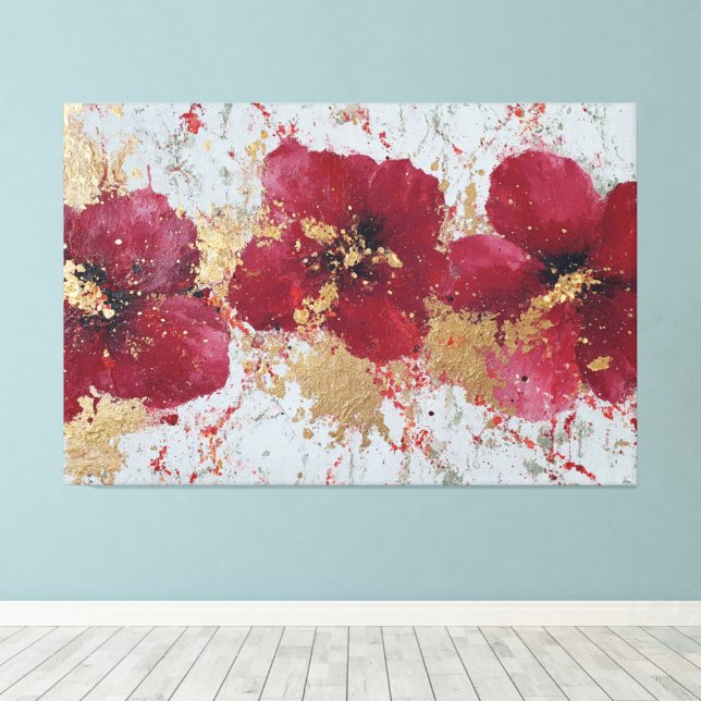 Red and Gold Blossom Abstract Wall Art (Insitu(Wood Floor))