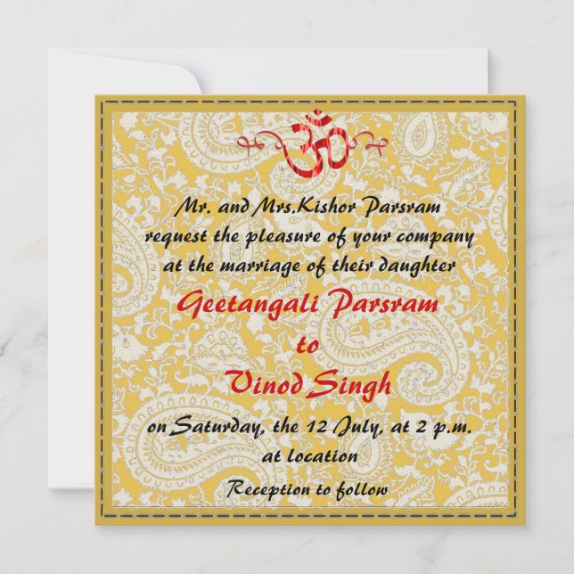 Red and gold brocade HIndu wedding Invitation (Front)