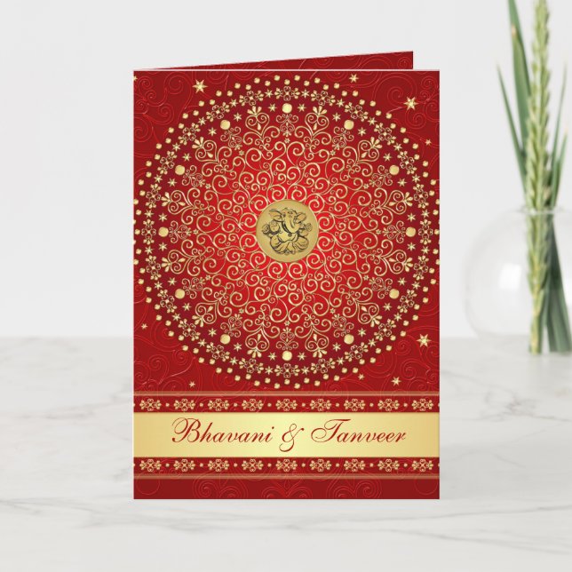 Red and Gold Card Style Wedding Invitation (Front)